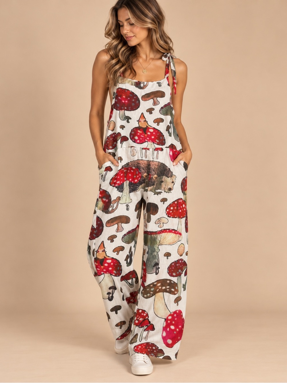 Mushroom Print Tie-Shoulder Wide-Leg Jumpsuit - White/Red M